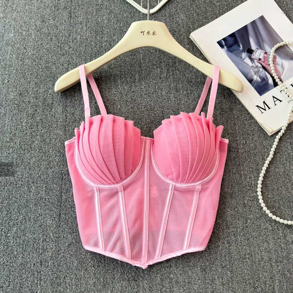 korean fashion mesh summer Fashion fishbone shirt Corset Slim Hotsweet Tank Top Women sweet crop top M250513