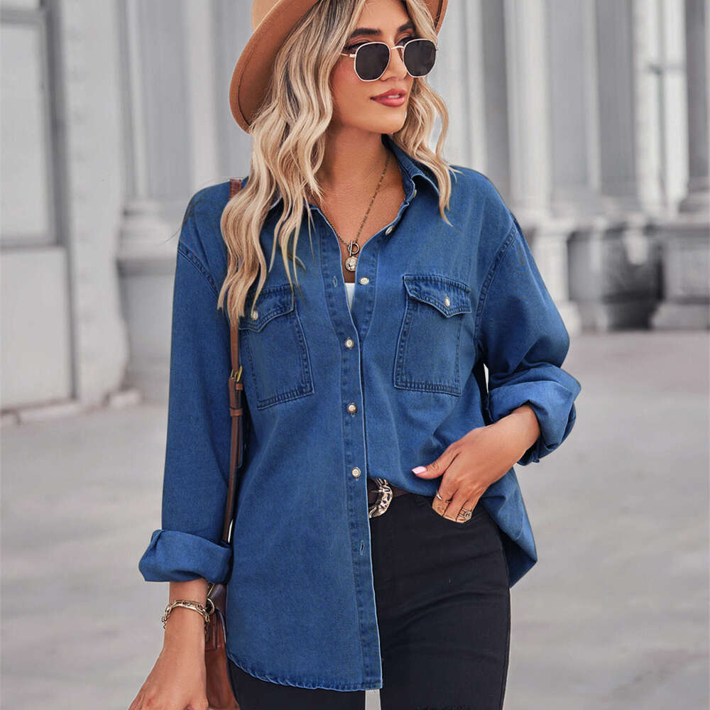 Manufacturer direct sales of European American new light colored slimming denim long sleeved shirt for women in 2025, with a unique and elegant temper