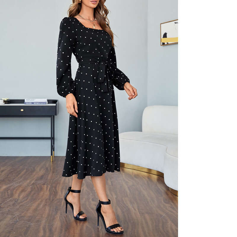 Wave dot print U-neck dress new sleeved temperament, waist cinching and swinging long skirt