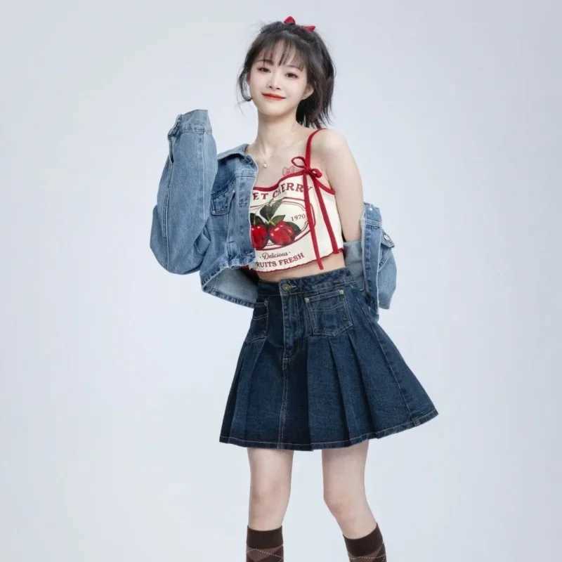 Hikigawa Chic Fashion Women Casual Japanese Sweet Cherry Print Slim Camisole Summer Bow Lace Up Thin Sxey Crop Y2k Tops Women M250513