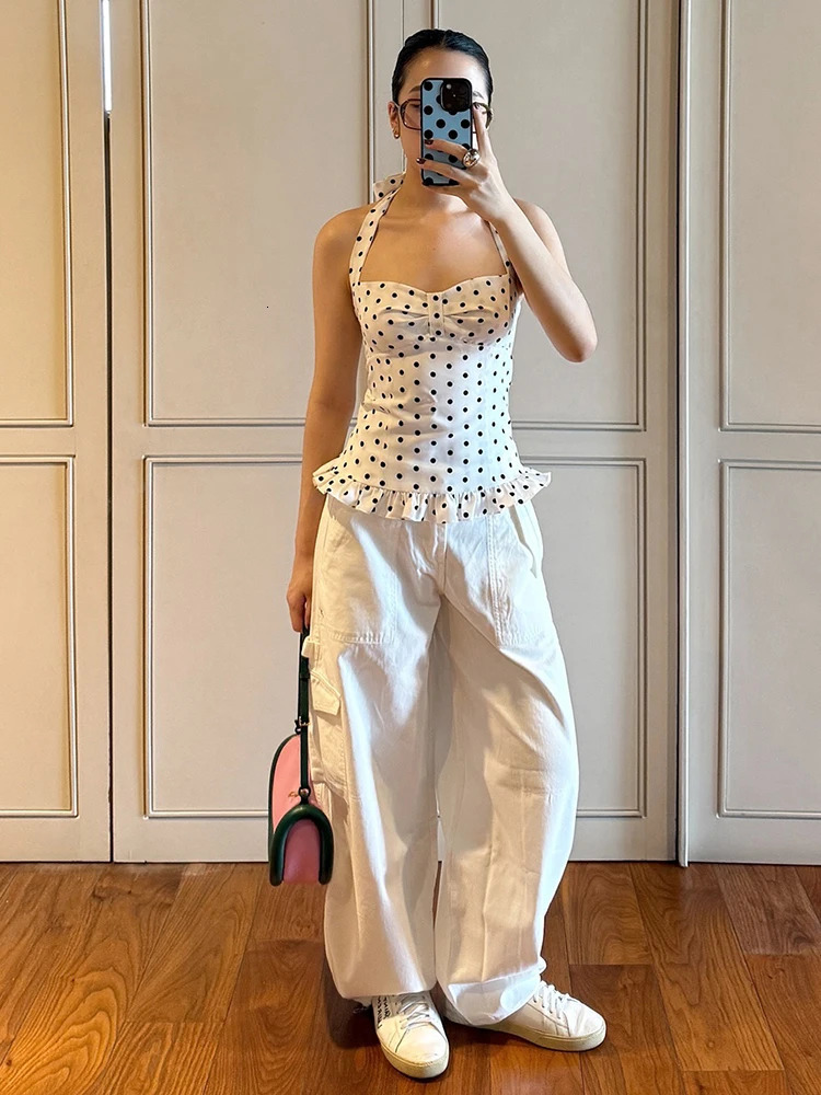Nibber Polka Dot Print Tops Women Halter LowNeck Bandage Ruffles Backless Sleeveless Skinny Fashion Street Versatile Vest 250513