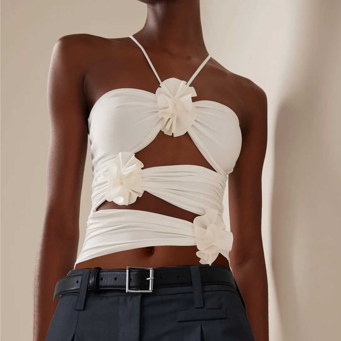 Chic 3D Floral Strap Crop Tops for Women Sleeveless Bodycon Cut Out Halter Camisole Y2k Fitted Bustier Corset Top M250513