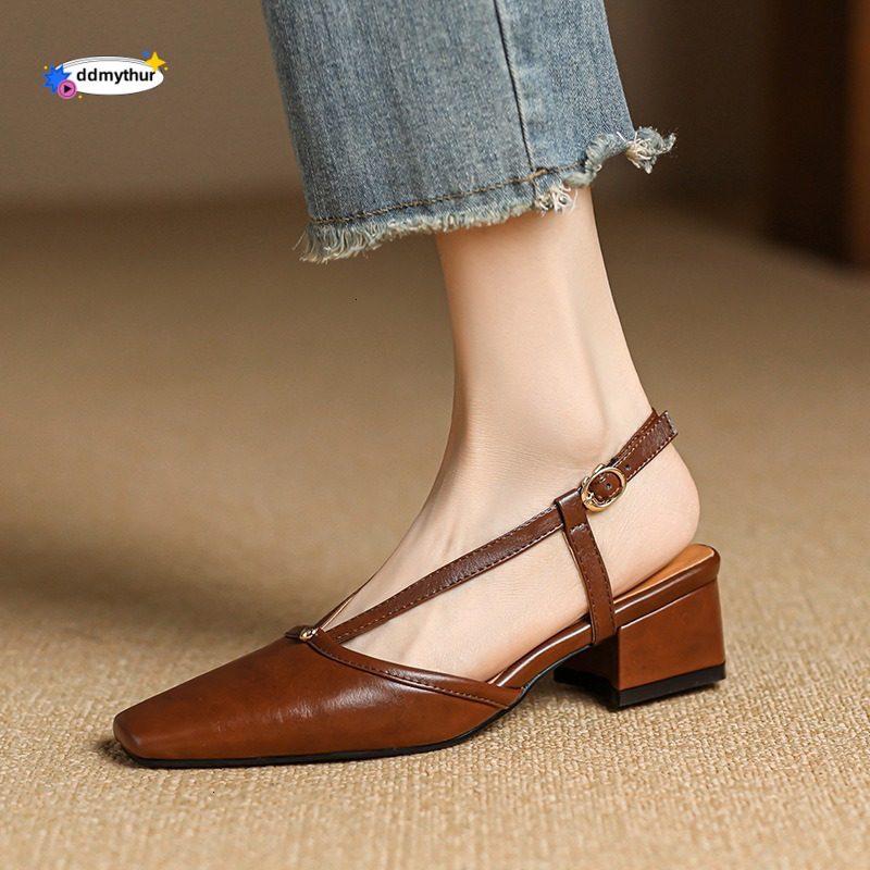 Baotou Thick Sandals Women's Summer New Style Backspace Roman with One Button Strap Middle Heel Large Shoes 41-43 ddmythur