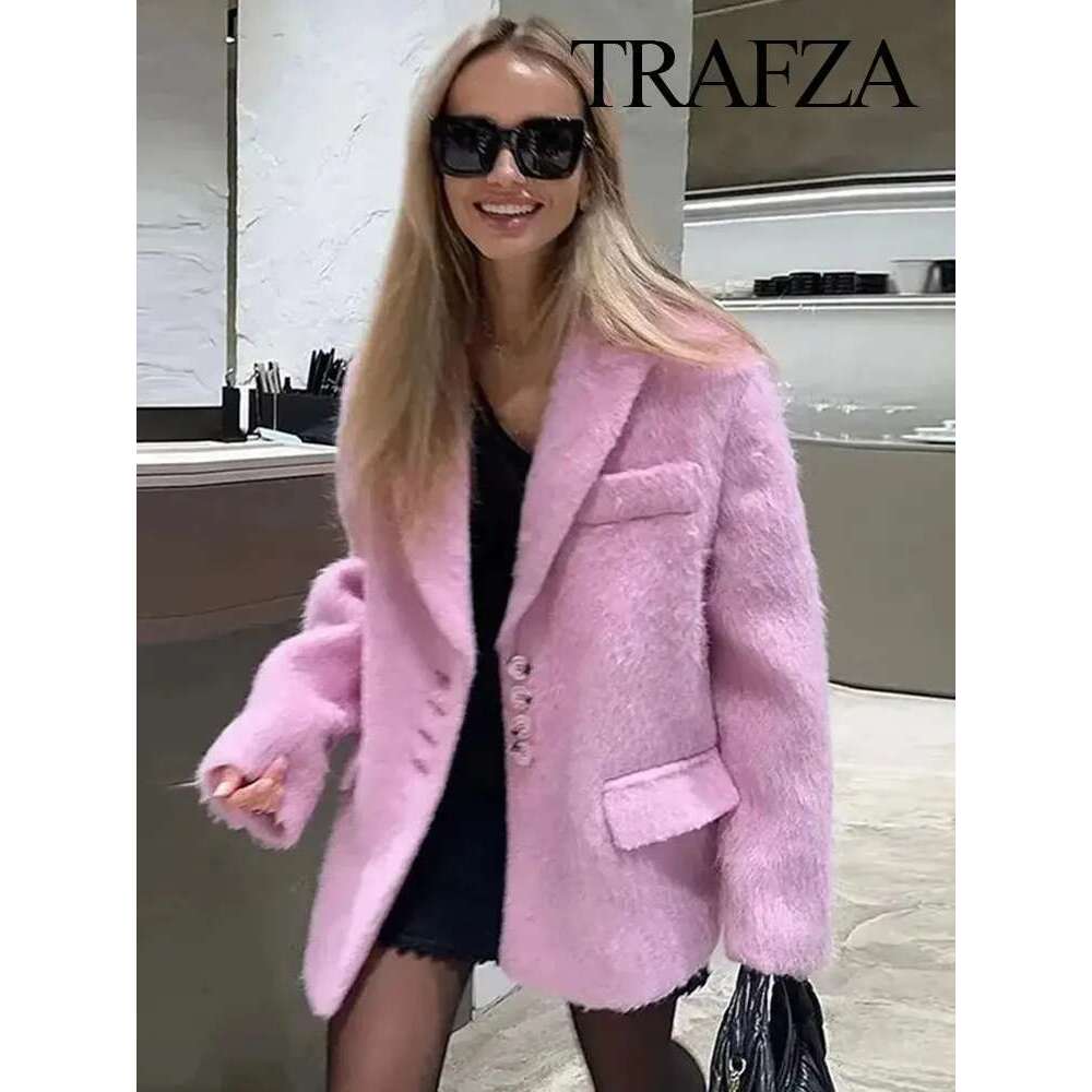 TRAFZA Fashion Plush Blazer Elegant Solid Y2k Women Long Sleeve Single Breasted Suit Coat Spring Female Casual Jackets