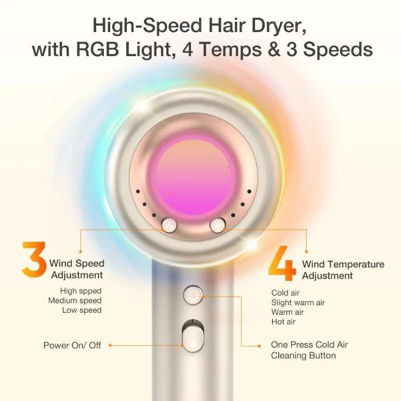 Moosoo Blow Dryer Women, Hair Dryer, 4 Temps & 3 Speeds With RGB Light For Home, Travel