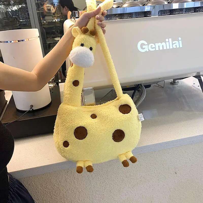 Cartoon Giraffe Crossbody Girl Portable Pouch With Zipper Cutegiraffe Shape Animal Plush Shoulder Bag