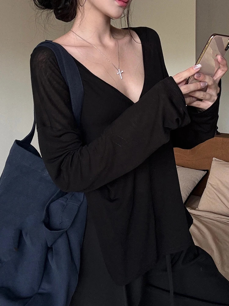 Women Oversized T Shirt Spring Summer Vneck Casual Fashion Loose Thin Long Sleeve Top Pullovers Chic White See Through Tshirt 250513