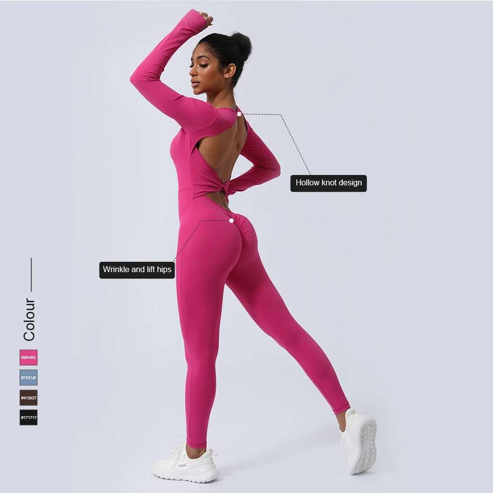 Women Fiess Jumpsuit Backless Long Sleeve Tights Yoga Running Training With Padded Sport Set
