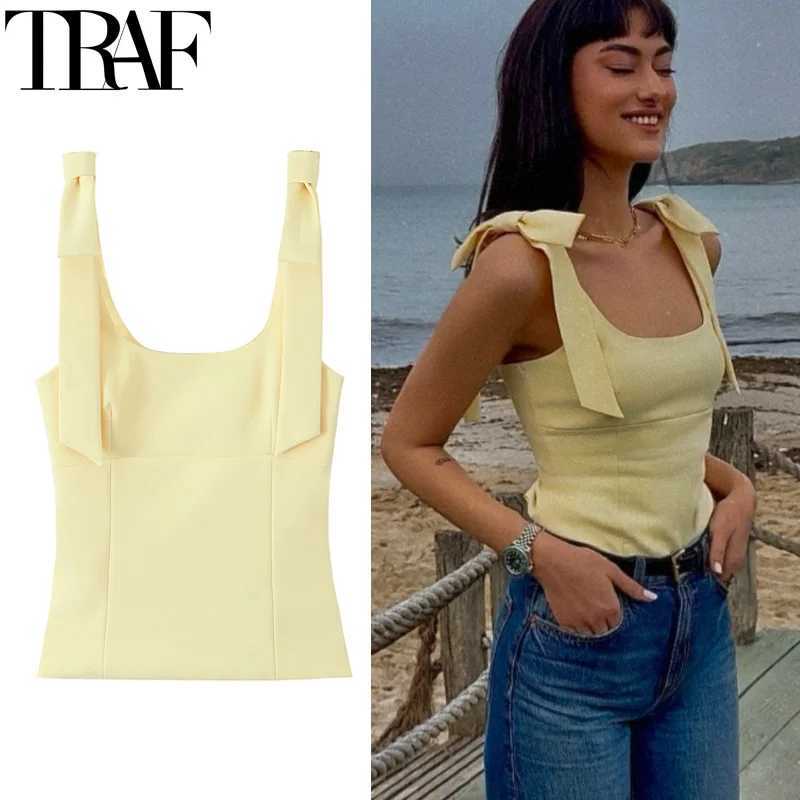 TRAF 2025 Butterfly Crop Tops For Women Summer Sleeveless White Yellow Camisole Top Woman Cuteore Backless Womens Tanks Top M250513