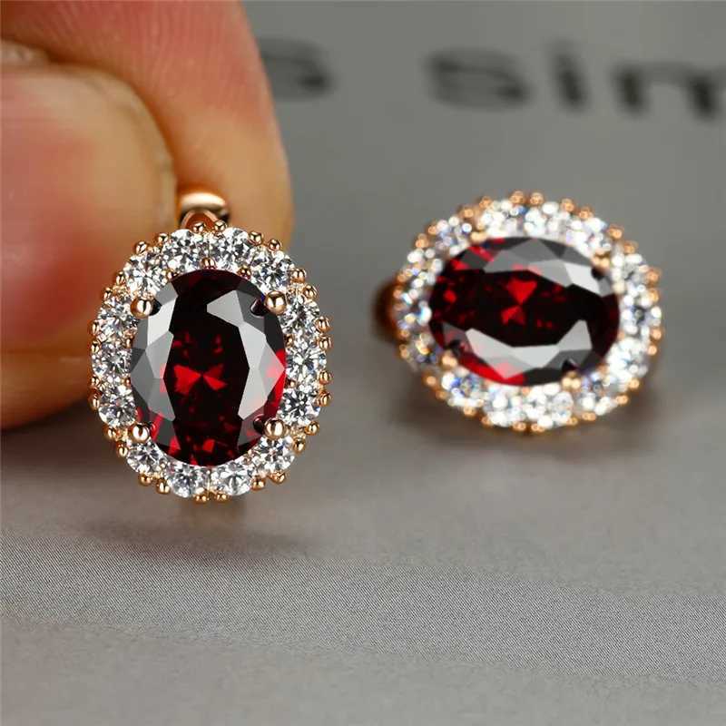 Dainty Bridal Crystal Oval Trendy Female Red Zircon Stone Earrings Vintage Rose Gold Color Wedding Jewelry For Women Y250510