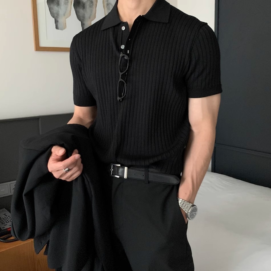 British yuppie mens ice silk knitted polo shirt mens t-shirt cool and high-end short sleeved summer trendy brand plol shirt 250213