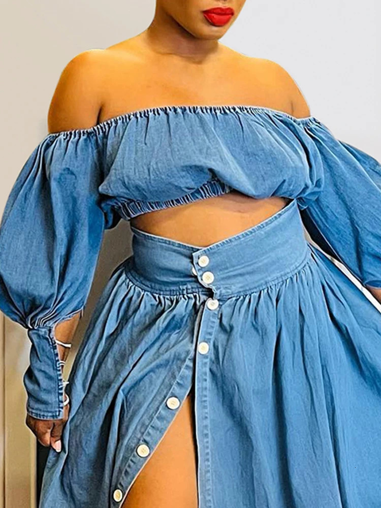 Womens denim twopiece set with plus size split hem elegant puff sleeves at the shoulders elastic top and high waisted bodysuit 250427