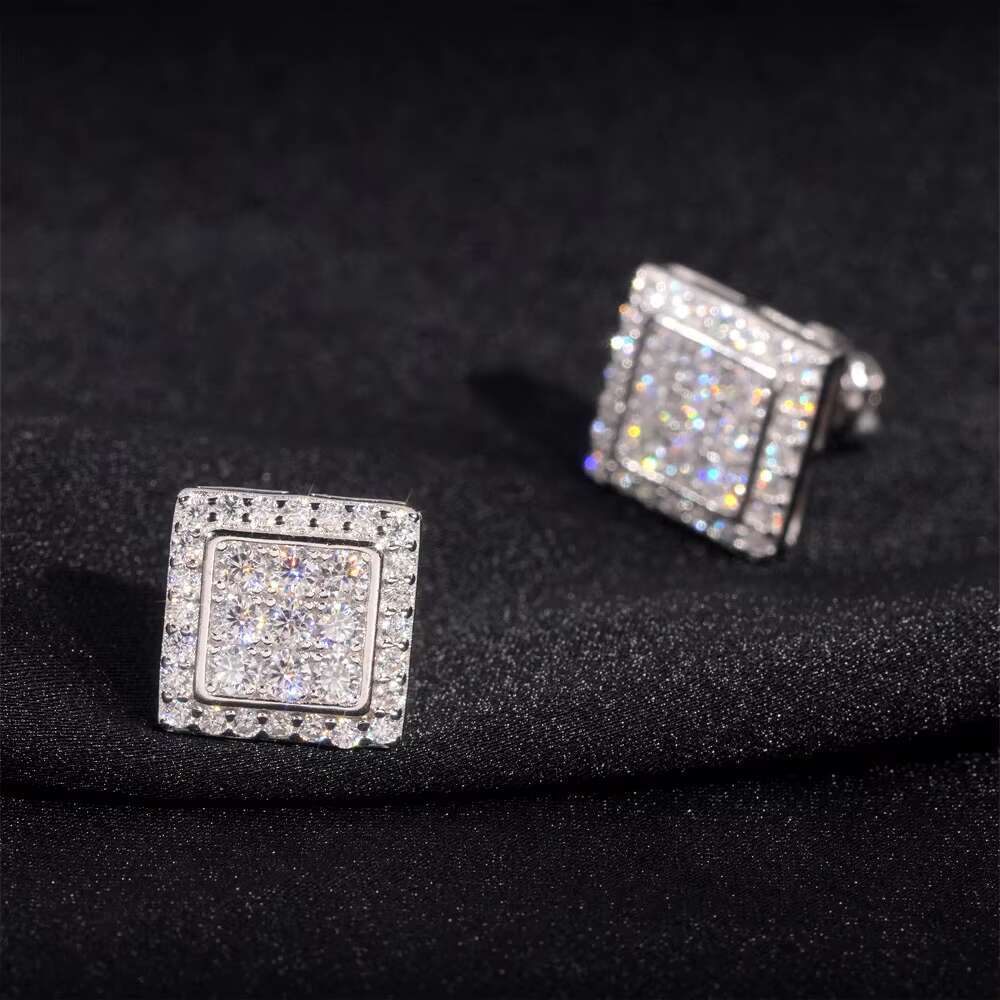 DE Hip Hop Iced Out Moissanite Earring 925 Sterling Silver Chic Square Moissanite Earrings Hip Hop Moissanite Earring Women Men