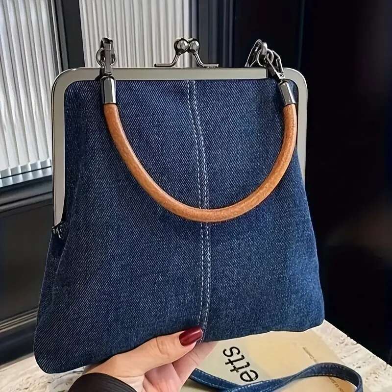 Women Denim Handbag With Kiss Lock Clasp Vintage Coin Crossbody Purses Bag For Lady Outdoor Portable Wedding Shoulder Bags