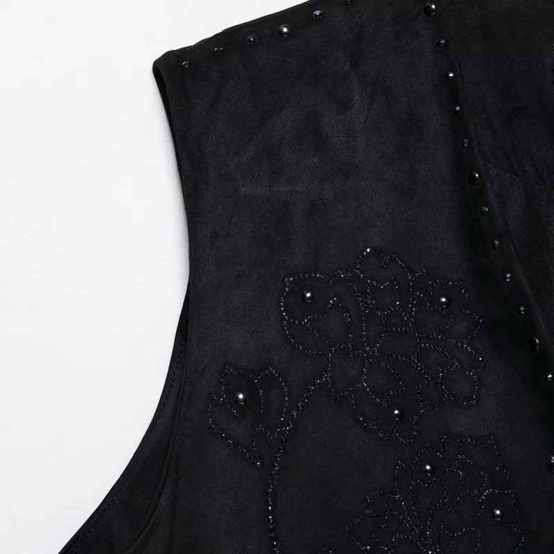 Women Fashion Black Shiny Beads Waistcoat Open Stitch Sleeveless Armholes Cropped Vest Coat High Street Female Tops 250506