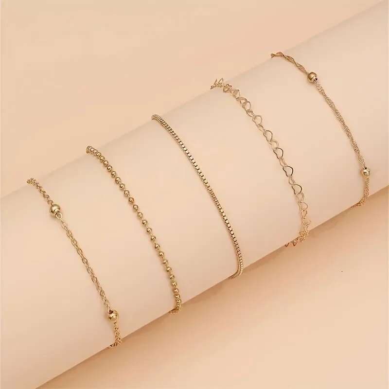 5 Pcs Set Of Tiny Golden Design Bracelet Zinc Alloy Jewelry Elegant Leisure Style For Women Daily Stackable Hand Chain