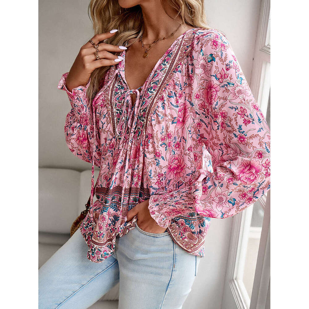 Kaikuo Europe and America European Station Printed Shirt for Women Autumn Style V-neck Long sleeved Top 2025 New Casual Fashion Trendy Clothing