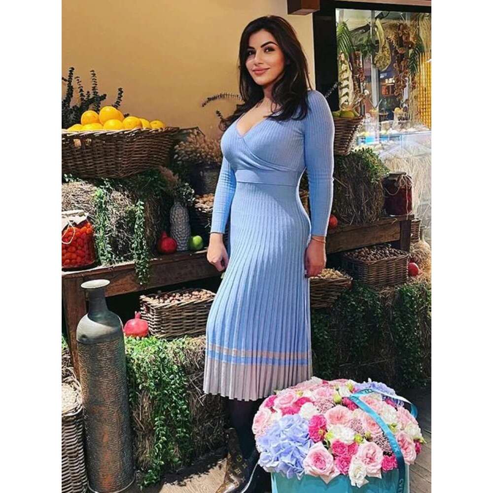 Tossy Women Ribbed V-neck Fold Knitted Max Dress Ladies Skinny Sexy A-line Dresses Two Color Patchwork Elegant Chic Vestidos