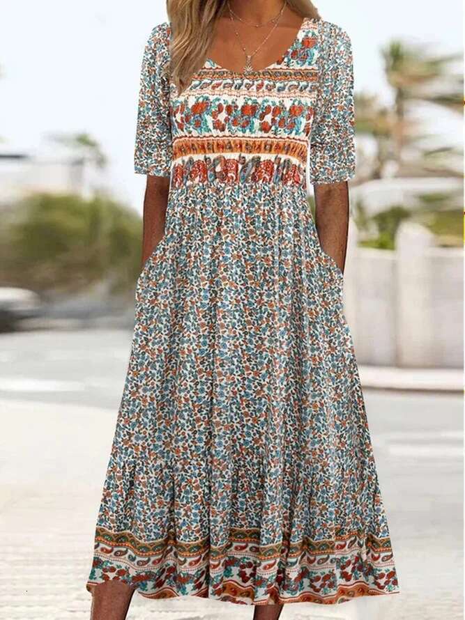 Women Clothes Dress Summer New Round Neck Short Sleeve Long Bohemian Printed Dress Women S KQ