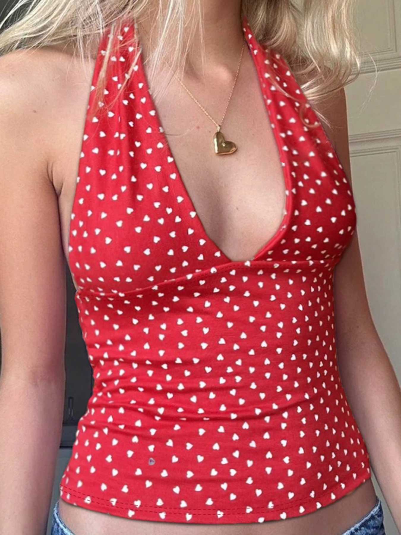 Fashion Y2k Sweet Halter Women Tanks Skinny Sleeveless Print Hotsweet V-Neck Backless Blouses M250513