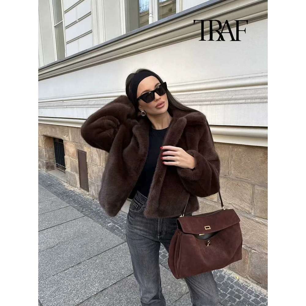 TRAF Women's Fashion Brown Faux Retro Lapel Long Sleeve Soft Fluffy Jacket Coat Temperament High Street Short Fur Top