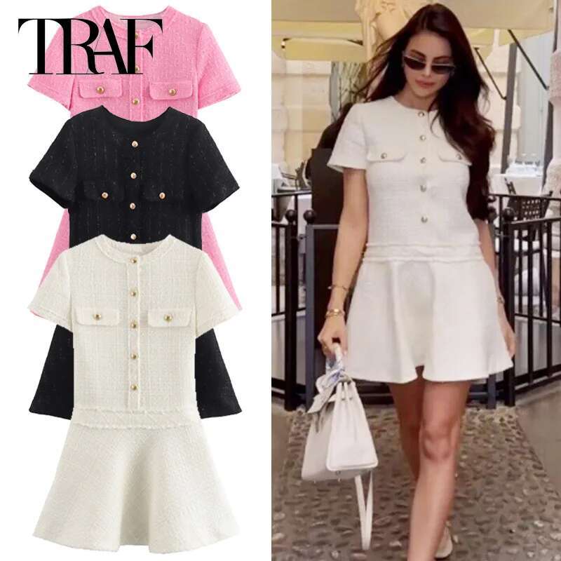 TRAF 2025 Women's Dress Mini Textured Summer Elegant Solid Button Short Sleeve Vestidos Fashion High Quality Dresses 066