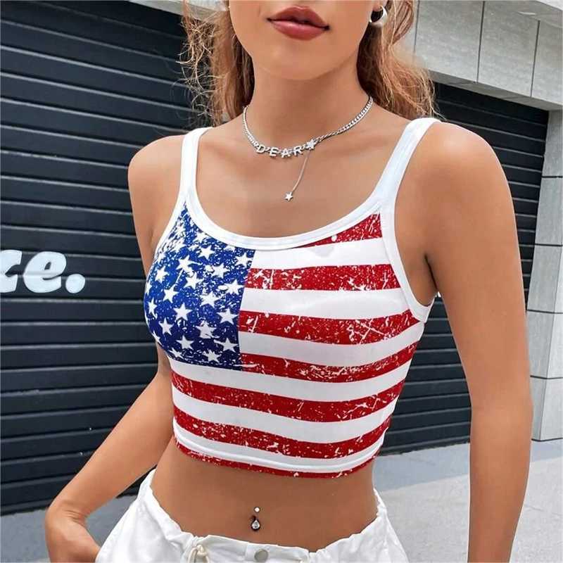 Gothic Punk New USA Flag Crop Top Sexy Backless Tank Slim Womens Mini Vest Summer Y2k Clothes Short White Camisole E-girls M250513