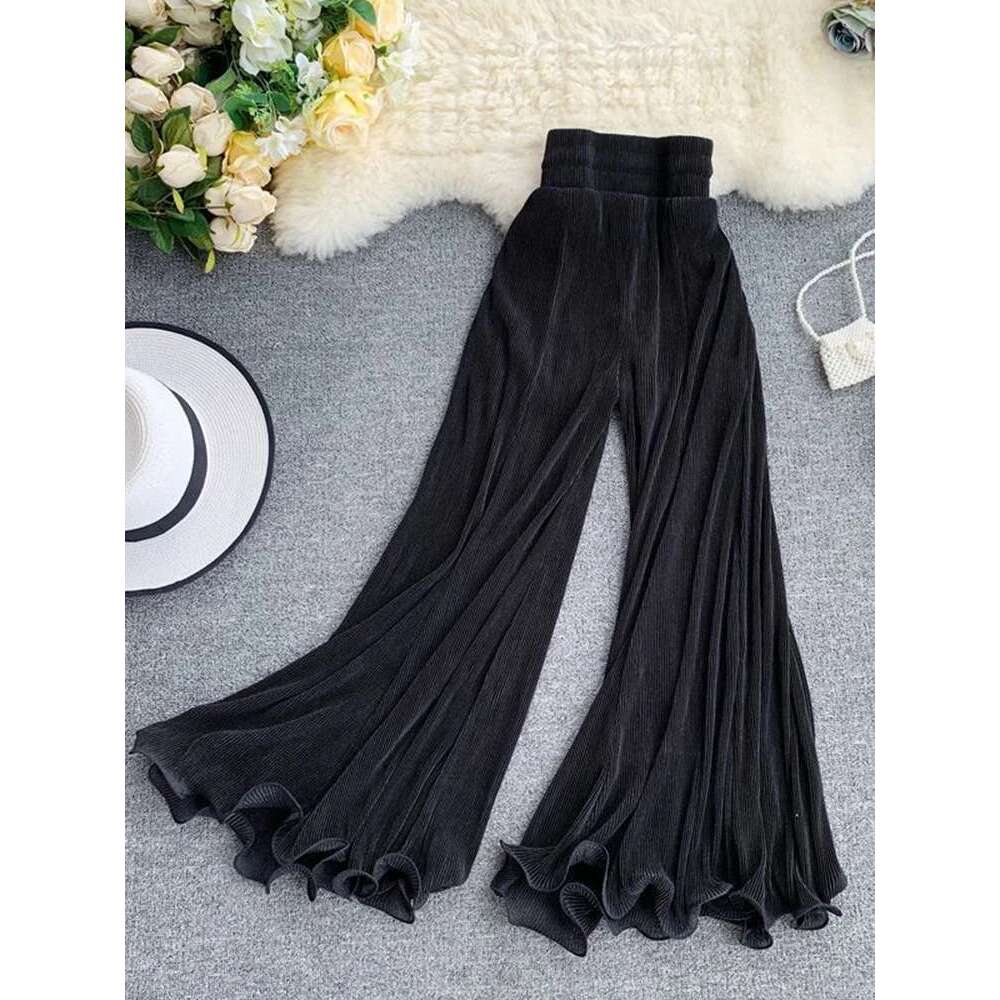 ZOKI Women Flare Loose Gauze Elastic High Waist Ruffle Chiffon Ladies Trousers Fashion Black White Summer Female Pants New