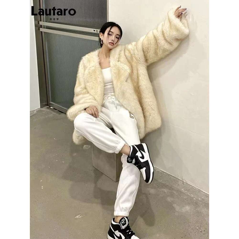 Lautaro Winter Loose Casual Thick Warm Soft Hairy Faux Fur Coat Women High Quality Furry Fluffy Jacket Korean Fashion Designer Designer