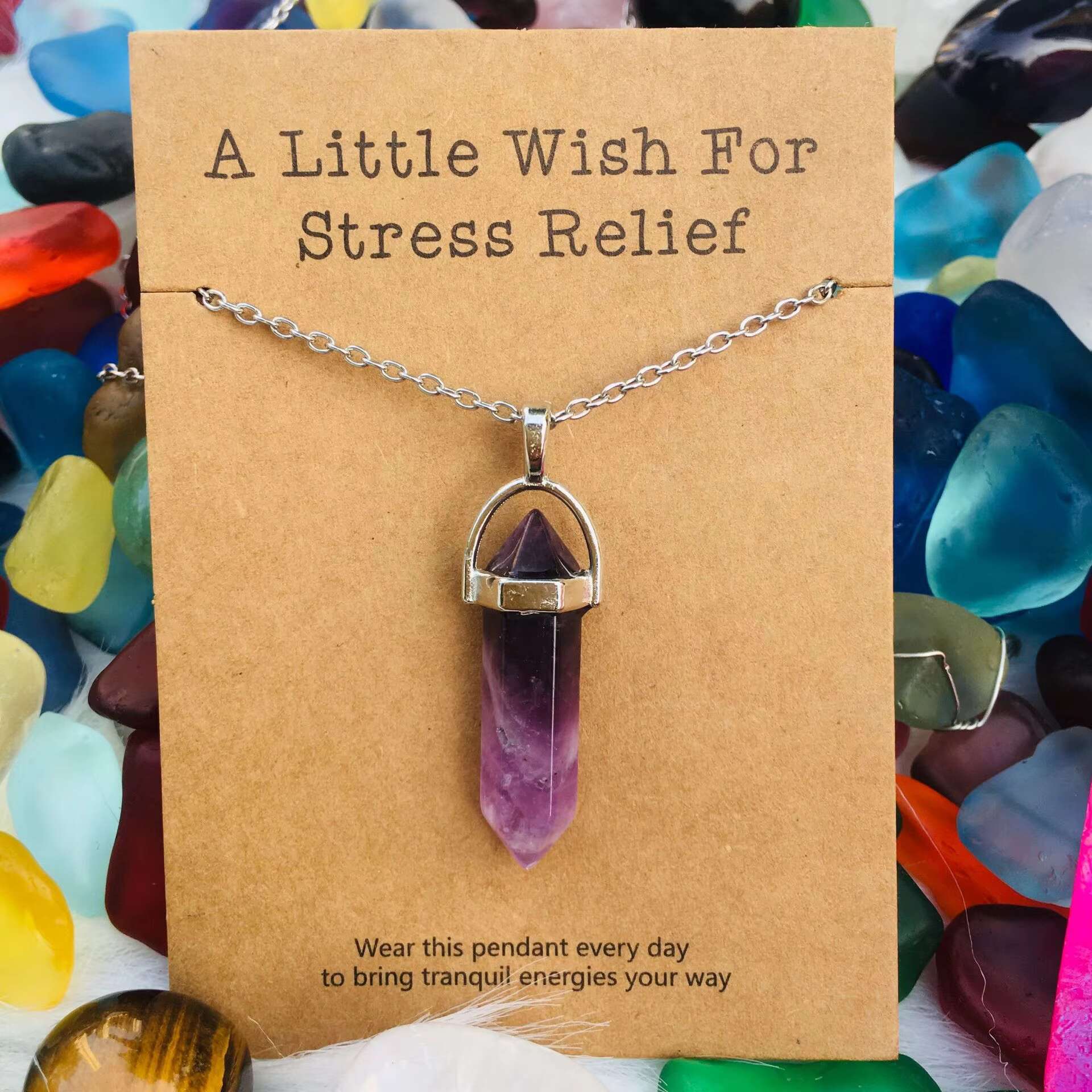 Fashionable amethyst style chain buckle necklace, card, natural stone hexagonal pen pendant, fashionable pendant necklace