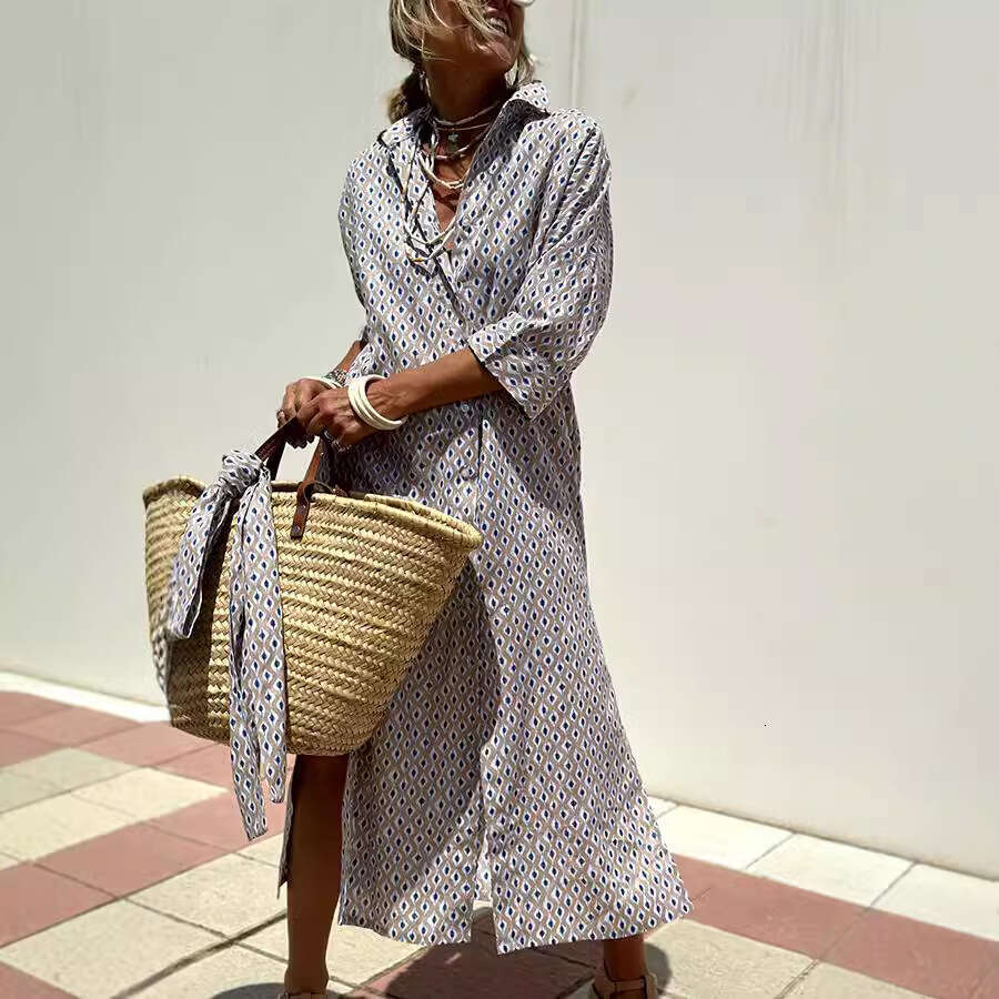 European American women's five quarter sleeve striped cardigan, lapel shirt dress 8061, 2025 new style, chic and elegant clothing