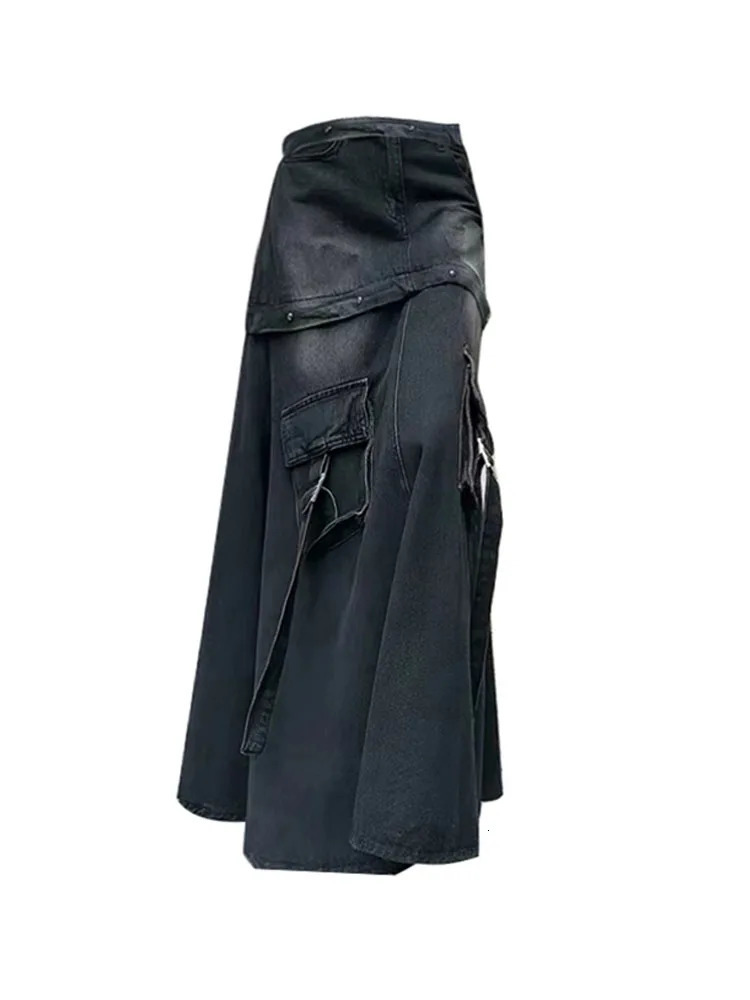 High Quality Black Denim Skirt Thin Office Lady Vintage Fashion Pockets Autumn Winter Waist ALine n Gothic 250513