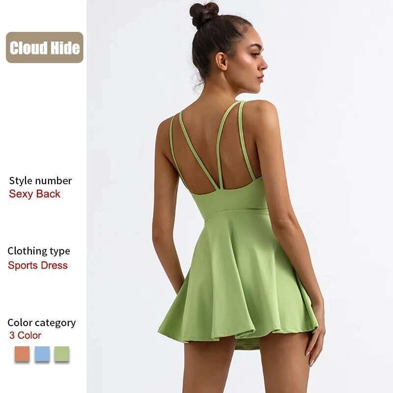 Cloud Hide SEXY Back Sports Dress Pocket Tennis Dresses Women Safe Shorts Gym Golf One Piece Yoga Suit Fiess Dance Long Skirt
