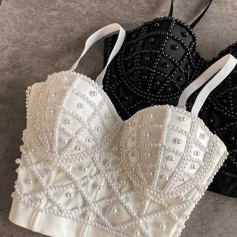 Full Beads Female Corset Top Women Nightclub Shirt Pearls Short Chest Binder Sexy Camisole Women Lingerie Tube Bra Debardeur M250513