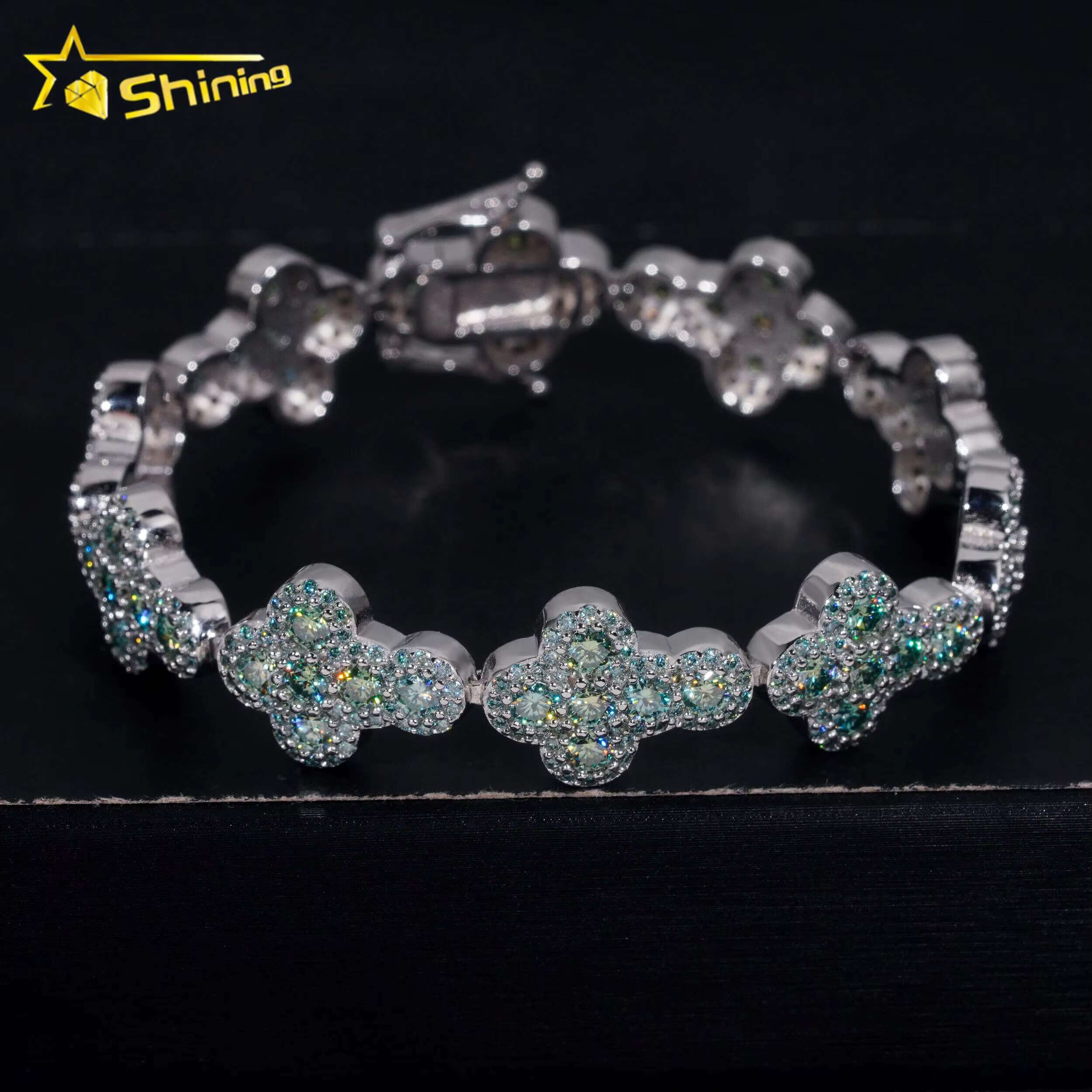 Pass Diamond Tester Silver 925 Gold Plated Hip Hop Jewelry Custom Blue Green Colored Moissanite Cluster Cuban Bracelet