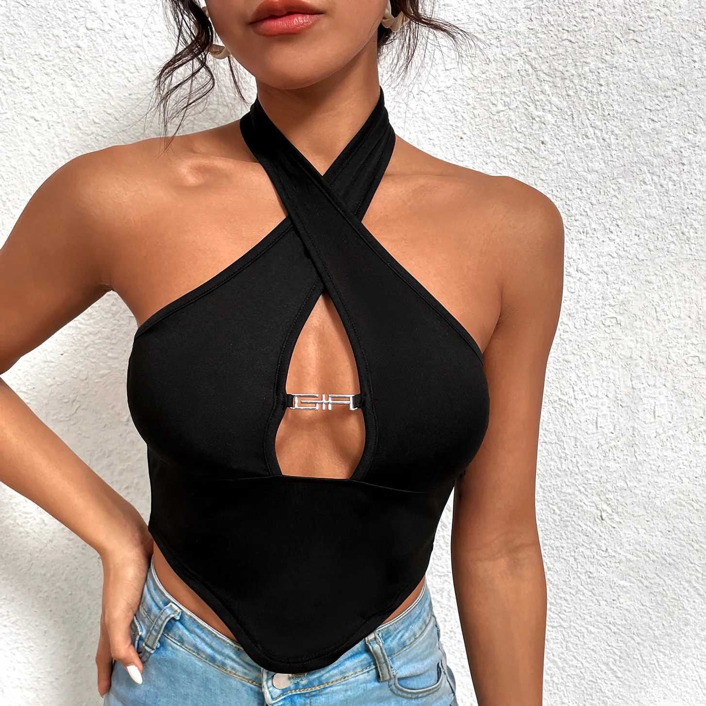 Sexy Off Shoulder Cross Bandage Hollow Out Halter Crop Tops Women Tank Top Sveless Cropped Vest Camisole Tube Top FeXJ250513