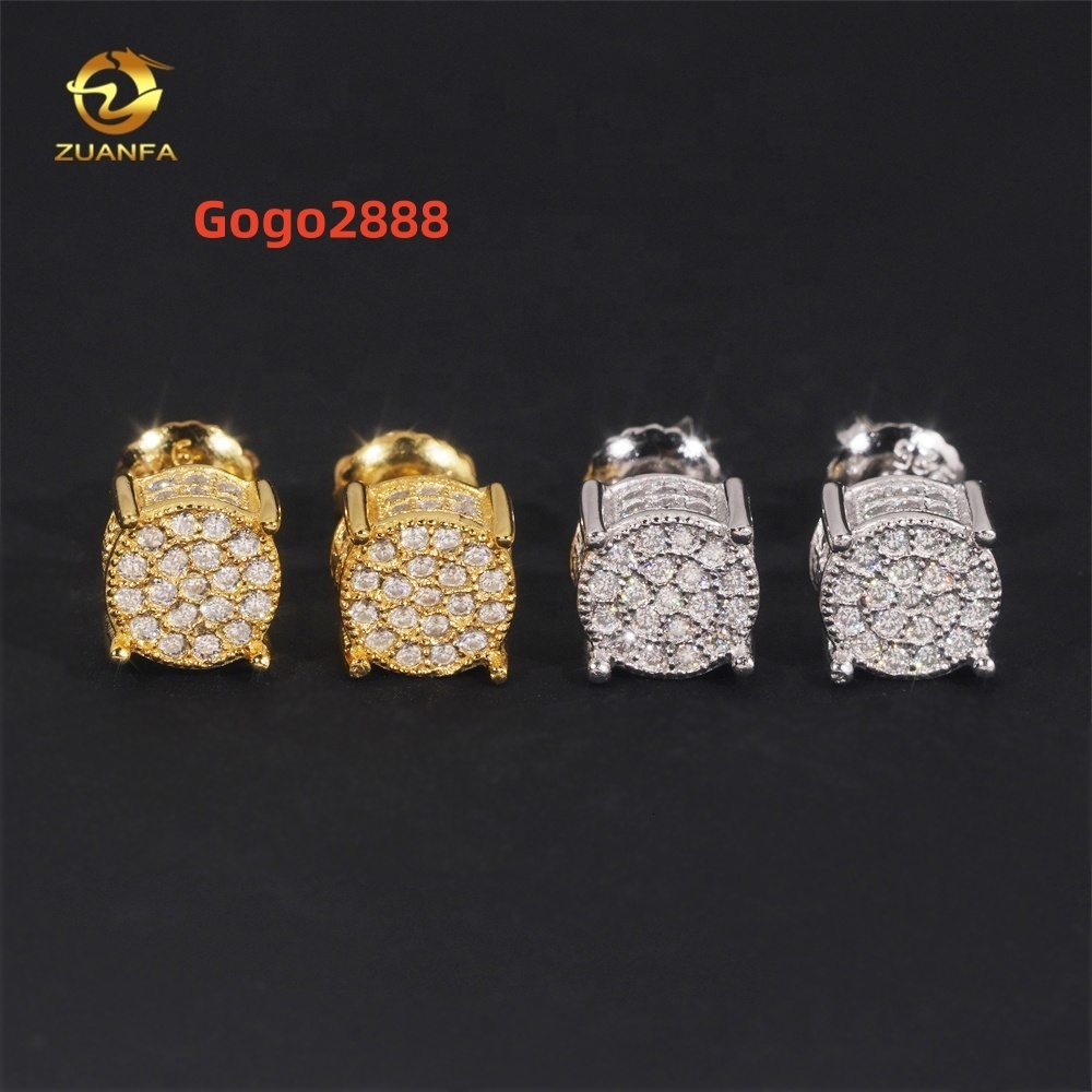 Hip Hop Style Gold Plated Round Style 925 Silver Iced Out VVS Moissanite Stud Earrings for Men