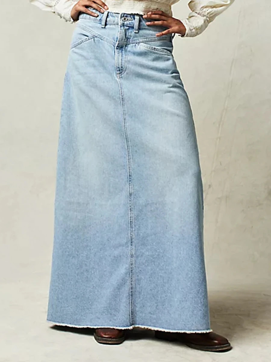 Women Y2K Vintage Denim Maxi Skirt High Waist ALine Frayed Hem Loose Long Jean OOTD Streetwear 250513