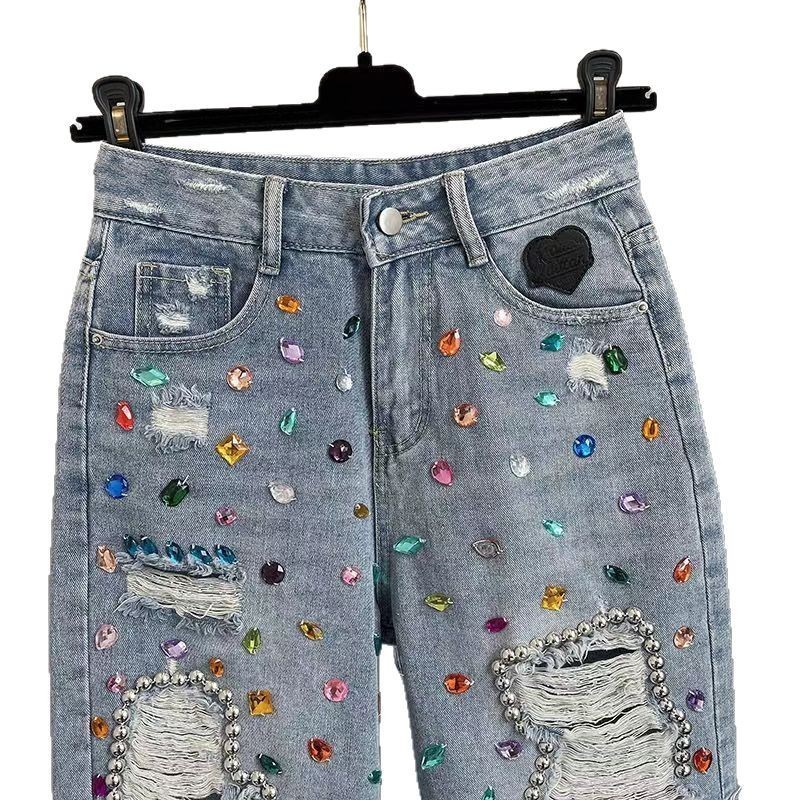 Womens plus size jeans casual blue denim tight rhinestone open top high street retro Y2K denim mens jeans 241205