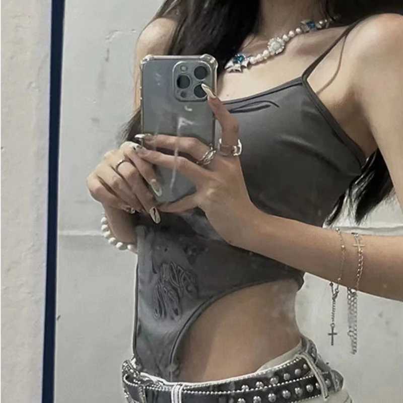 Grey Tank Tops 2000s Aesthetic Graphic Print Sleeveless Irregular Slim Sling Summer Fairy Grunge Y2k Womens Tops Bodysuit M250513