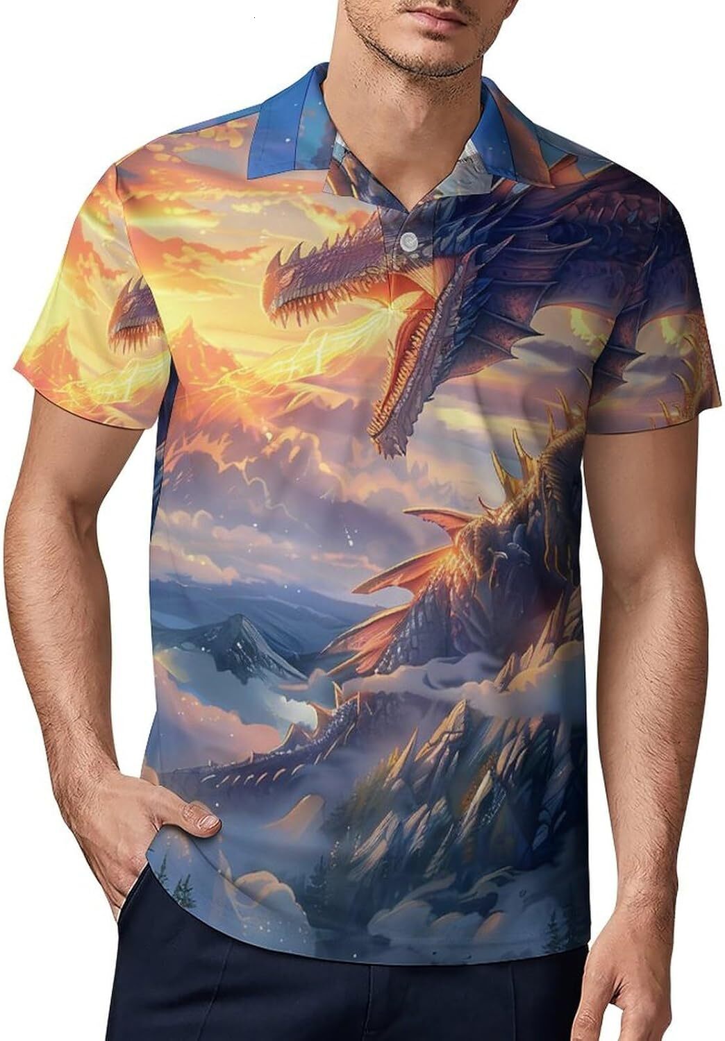 Mens Polo shirt Dragon Breathing Fire Print Polo Shirts for Men Golf Shirt Casual Short Sleeve Tops Slim Fit Polos shirts tshirt Casual tops summer cl