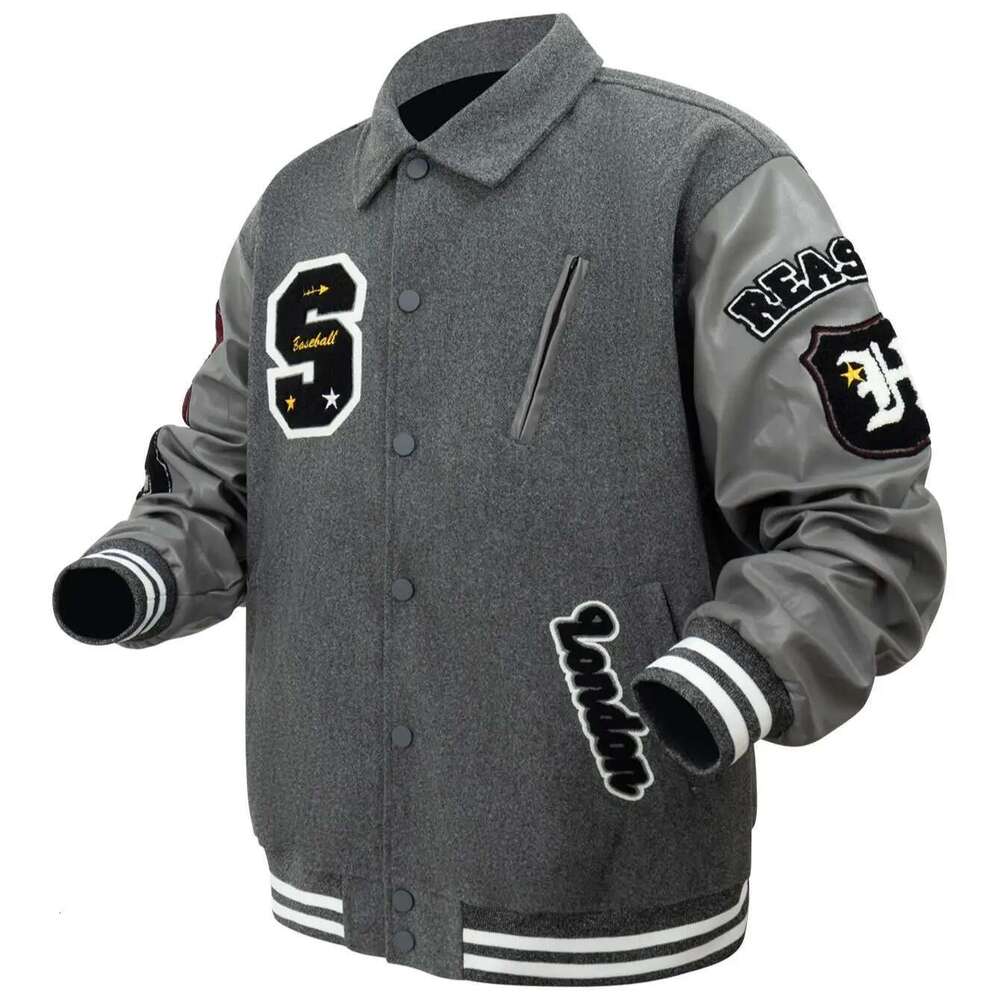 Mens Vintage Turn-down Collar Bomber Jacket Loose Letter Embroidery Coat Fall& Winter Leather Patchwork Varsity Baseball Jackets