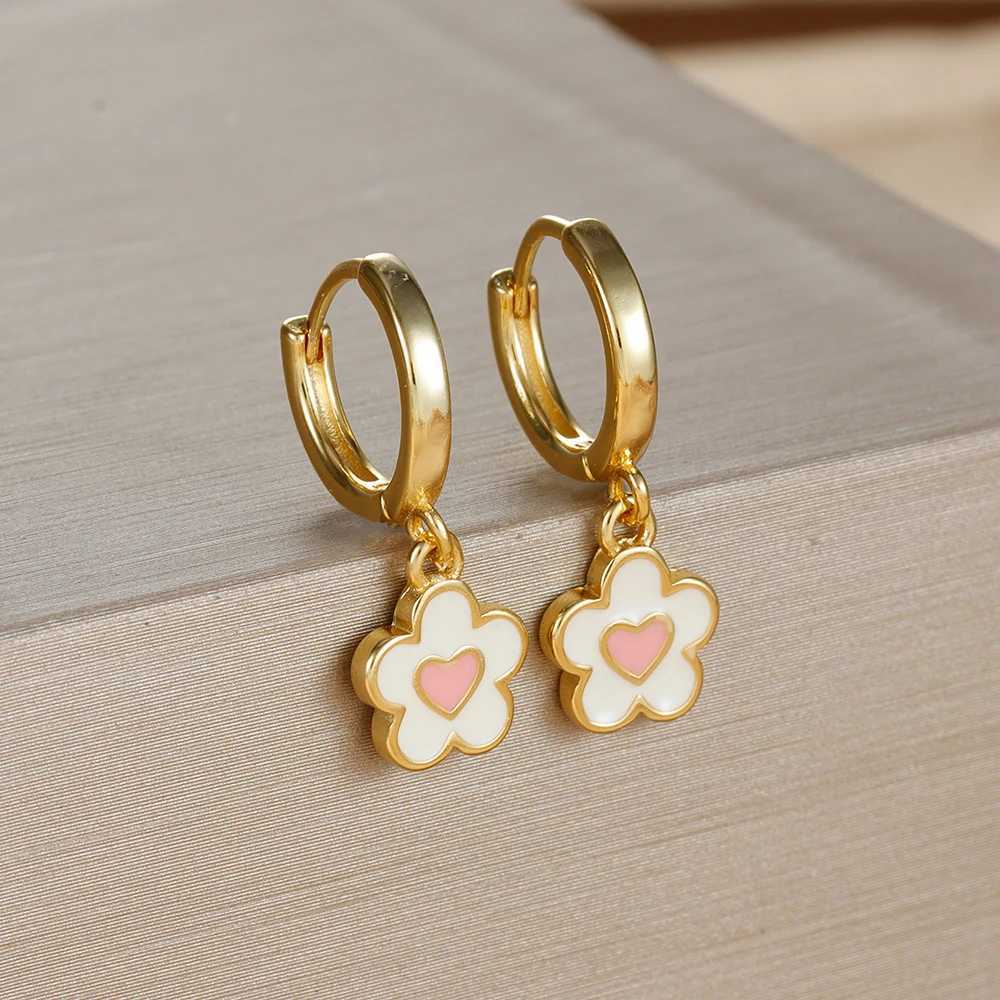 2PCS Stainless Steel Hoop Earrings for Women Girls Colorful Enamel Flowers Pendant Small Huggie Earring Piercing Jewelry Aretes Y250510