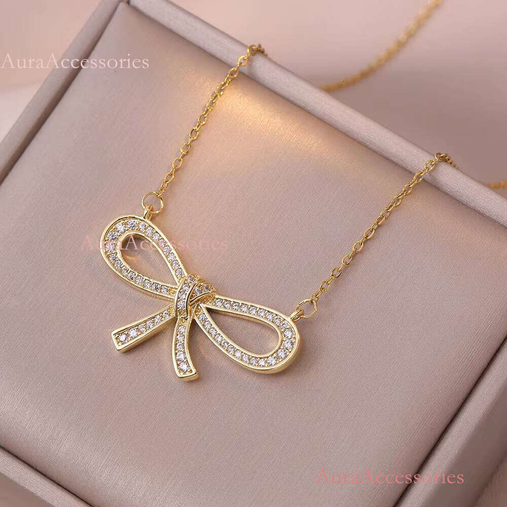 Fashion Jewelry Women Girl Gold Plated Bowknot Bow Tie Pendant Necklace