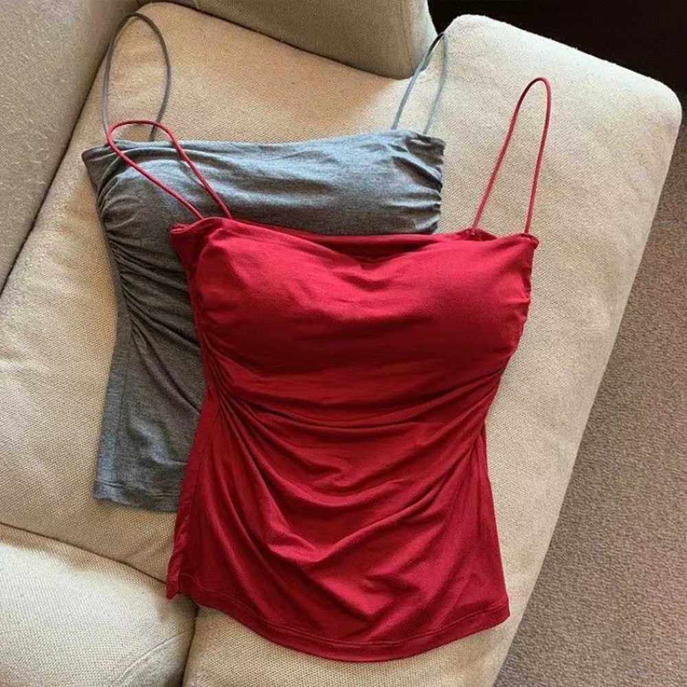 Sleeveless Tees Tank Tops For Women Camisole Vest Cropped Top Slim Fit Solid Color Spaghetti Strap Built In Bra Women Clothes M250513