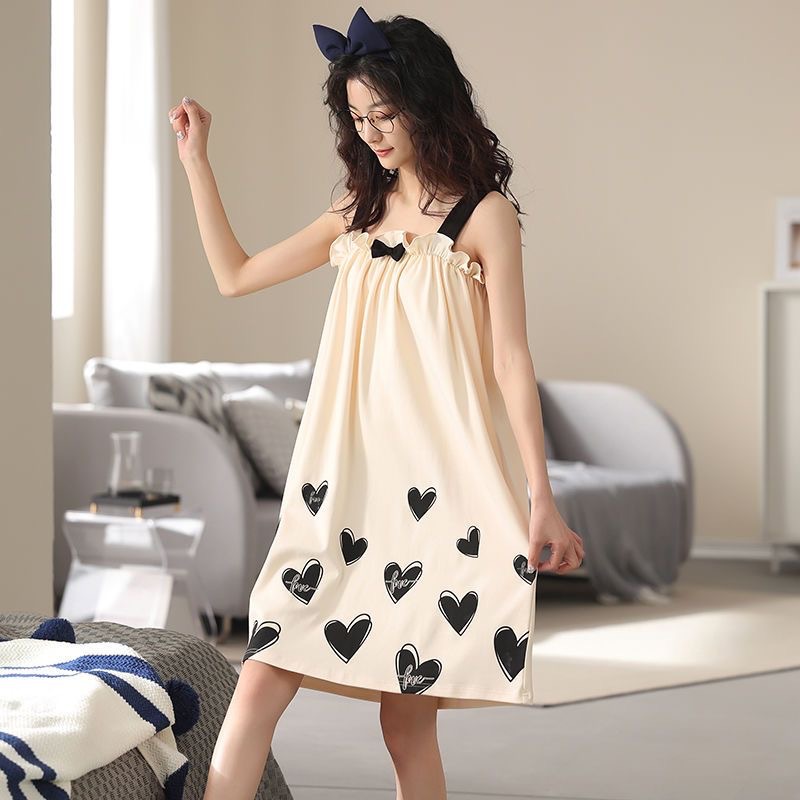 B877-Nightdress for women, summer, thin, with built-in chest pad, medium and long women's pajamas, casual, can be worn outside, home clothes