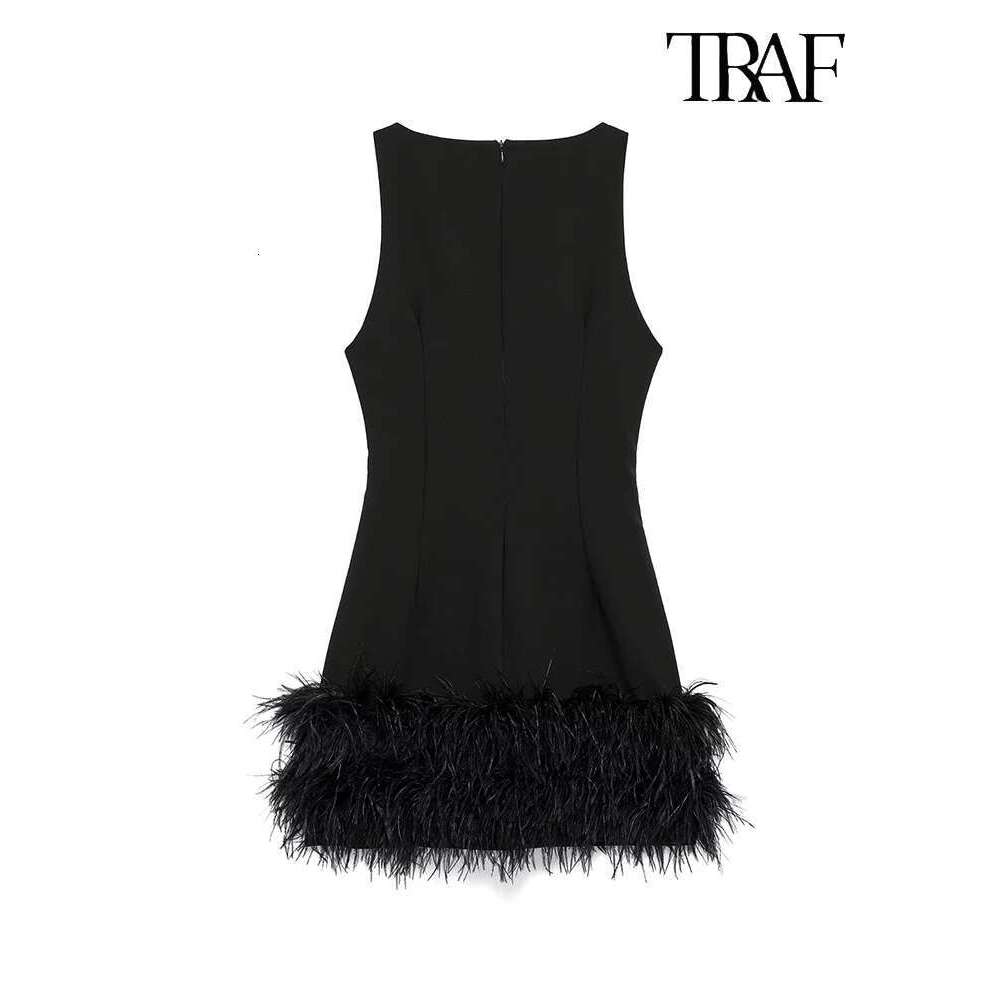 TRAF Fashion 2024 Elegant French Splicing Feather Mini Dress Women's Sleeveless Round Neck Party Dresses Evening Gowns