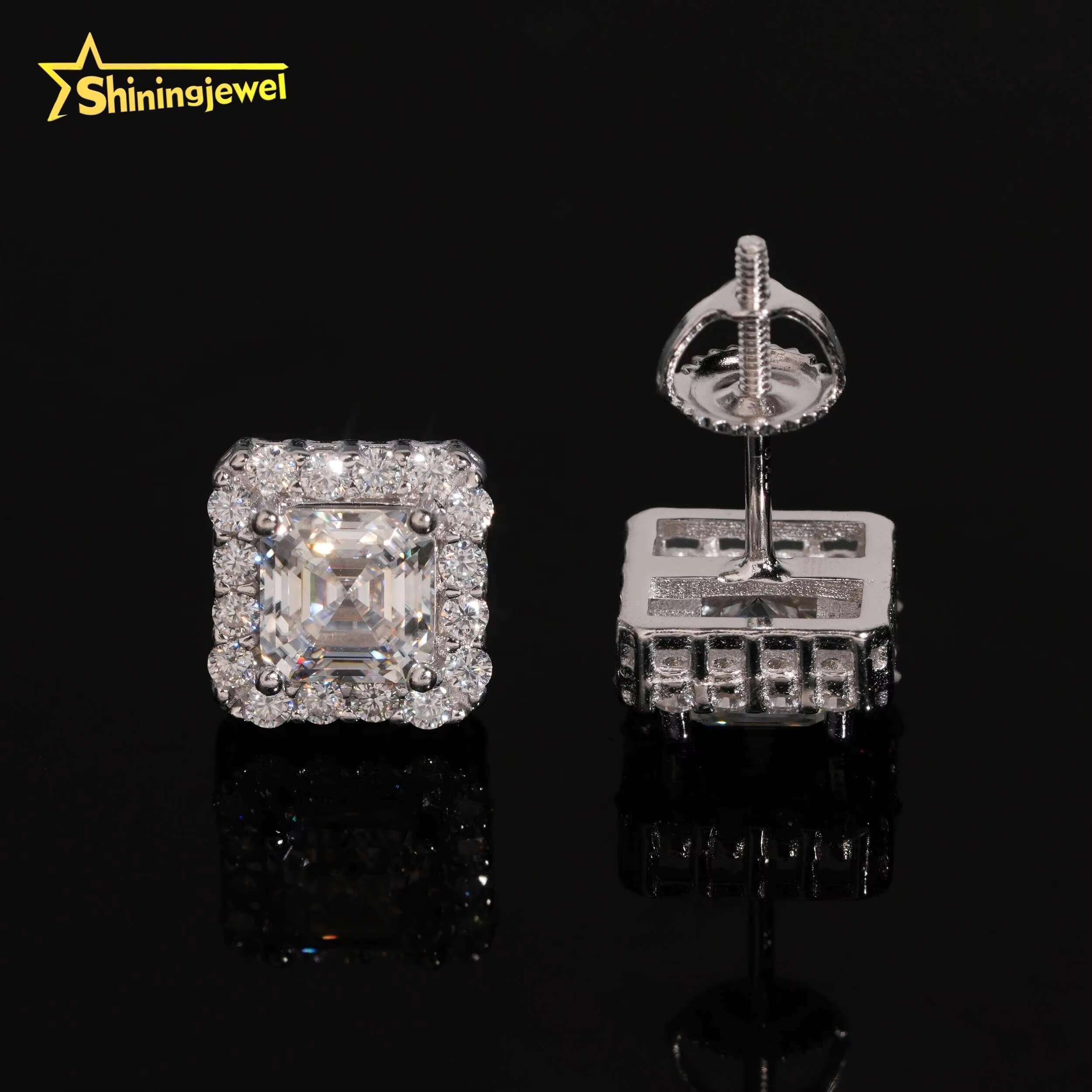 Diamond Jewelry Iced Out Square Princess Cut Hip Hop Screw Back 925 Silver Moissanite Stud Earrings