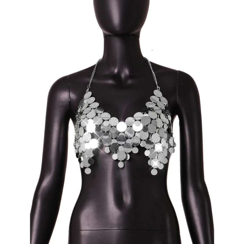 Metallic Sequins Tassels Halter Bikinis Bras Crop Top for Women Party Nightclub Body Chain Jewelry Accessories