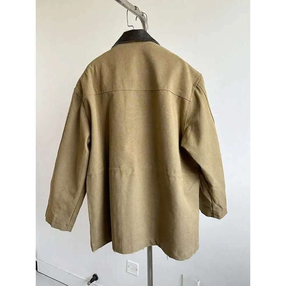 EAM Khaki Leather Collar Big Size Casual Jacket New Lapel Long Sleeve Women Coat Fashion Tide Spring Autumn 2025 1DH8168